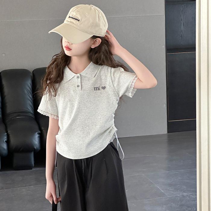 Korean Style Girls Drawstring Lace Patchwork Polo Shirt & Long Pants Two-Piece Set (2026) 120 cm