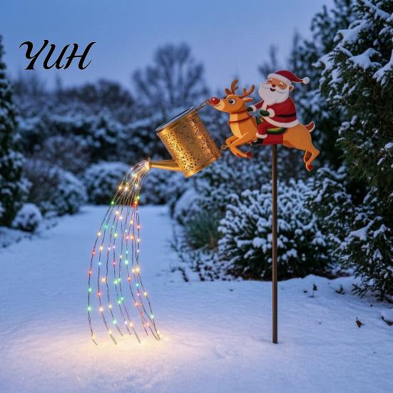Festive Front Yard Decor Solar Santa Watering Can Light, Christmas Garden Stake Energy Saving Outdoor Lamps LED Pathway Light for Lawn Patio