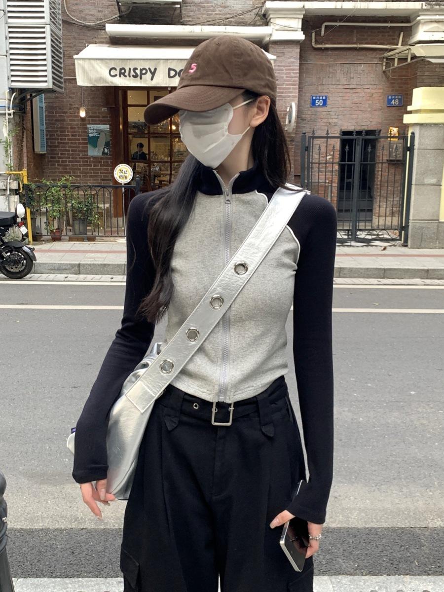 

Stand-up collar retro shoulder sleeve top women s spring new slim-fitting contrasting color splicing zipper long-sleeved jacket L сірий колір