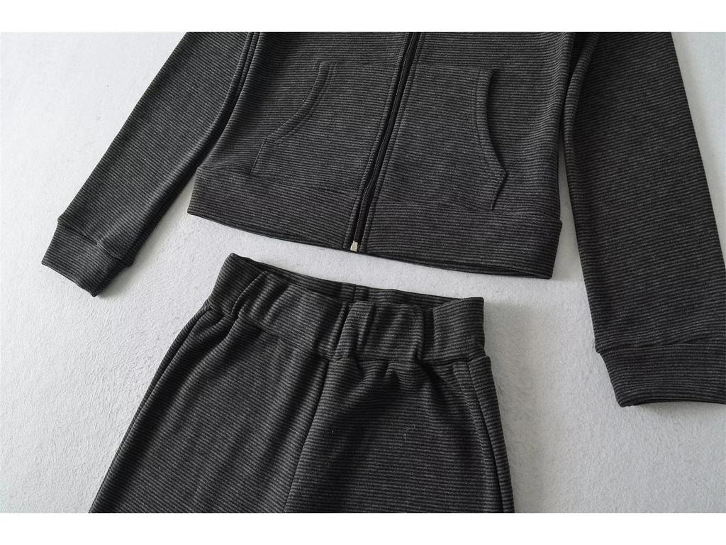 Women's Autumn Stand Collar Hoodie Set with Striped Velvet Wide-Leg Pants