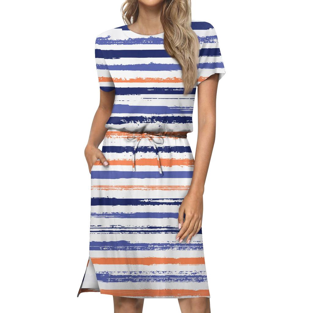 Women's Lashionable Loose Fitting Casual Printed Round Neck Short Sleeved Drawstring Pocket Dress