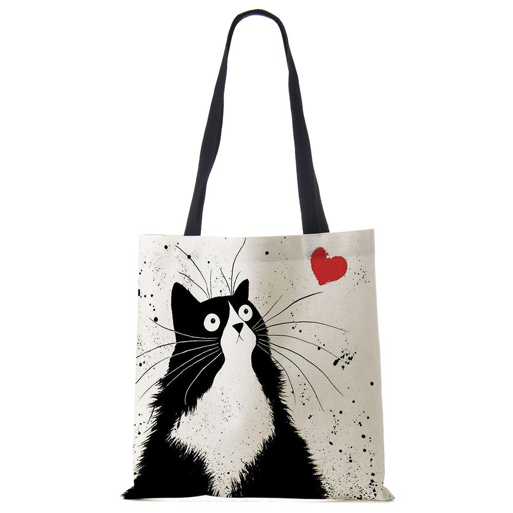 Customized Tote Shopping Bag Cute Cat Printing Women Handbag Linen Totes with Print Logo Casual Traveling Beach Bags