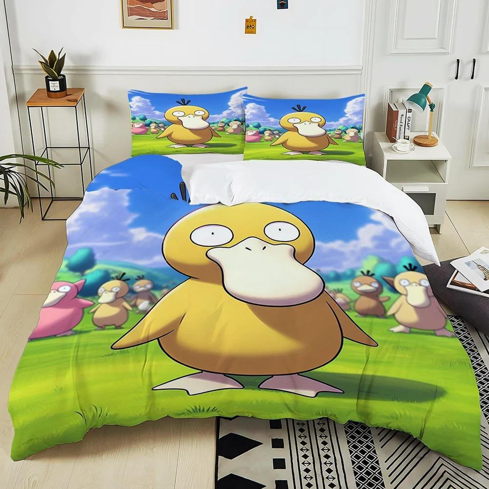 Ensemble de literie imprimé 3D Psyduck Dessin Animé Housse de couette Taies d'oreiller Enfants Simple Double Grande Taille
