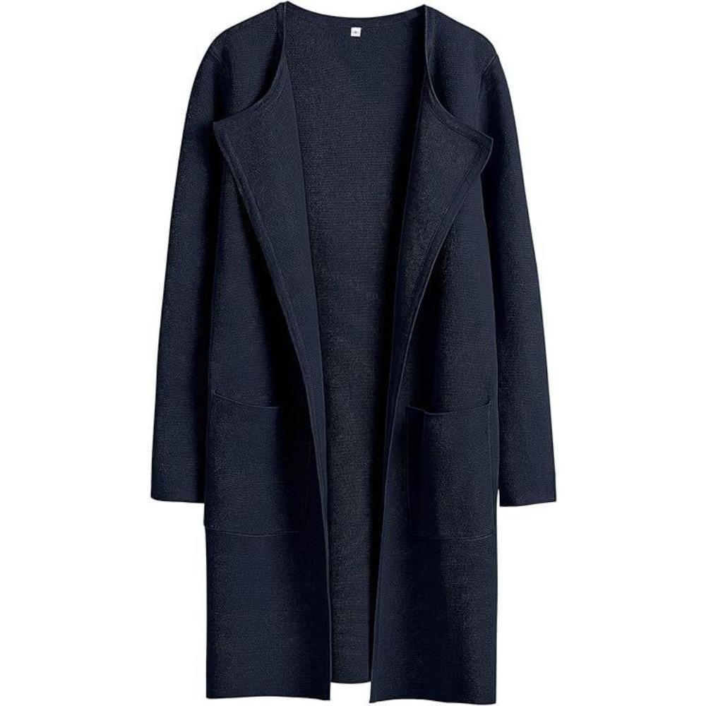 Women's Turn Down Collar Long Sleeve Loose Fit Casual Long Knit Cardigan Solid Color Pocket Sweater Coat