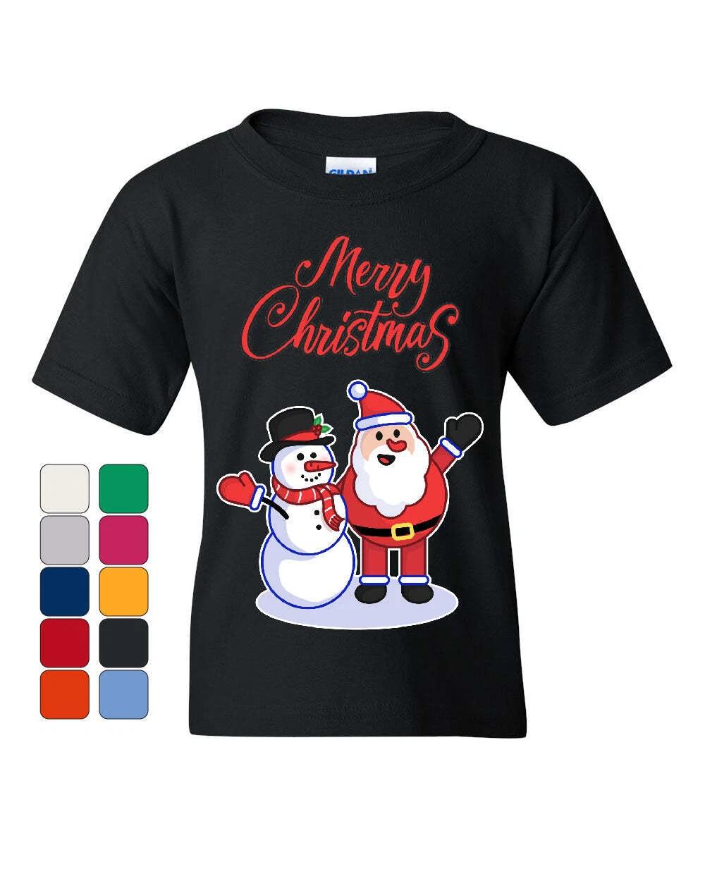 Merry Christmas Santa Snowman Hug Youth kids boys T-Shirt Xmas Holiday Spirit Kids Tee 140
