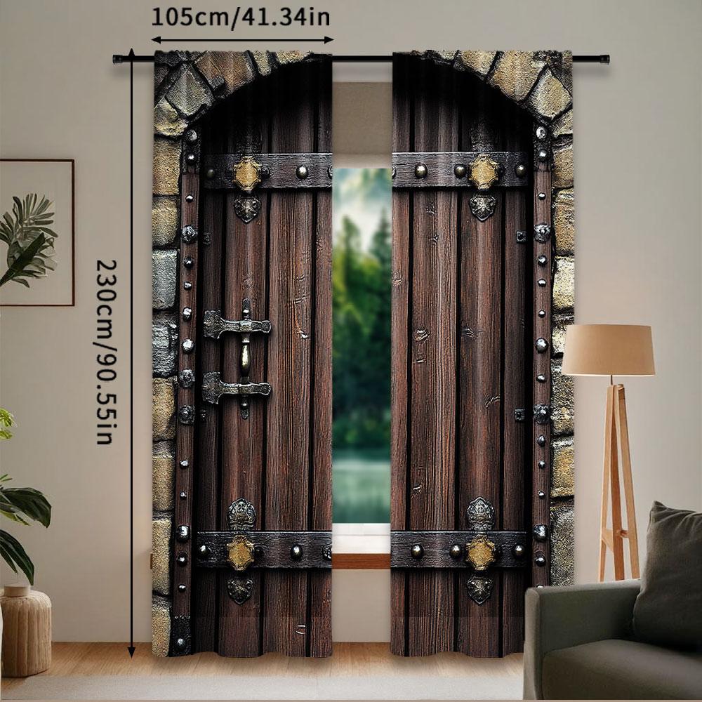 2Pcs Rustic Curtains Wooden Door Historical Vintage Exterior Medieval Structure Suitable For Bedroom Bathroom Living Room Dining