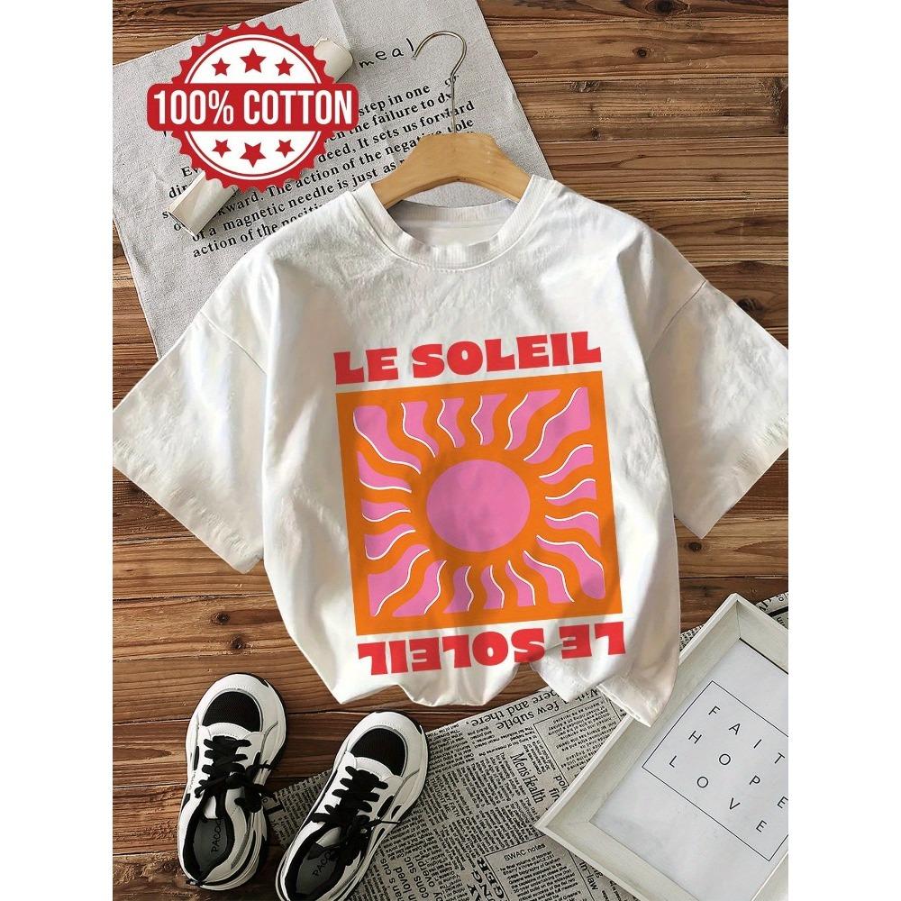 

Retro Style Sun Text LE SOLEIL Printed Womens Pure Cotton Short Sleeved Round Neck Fashionable Tshirt Street Wear Harajuku Y2K S