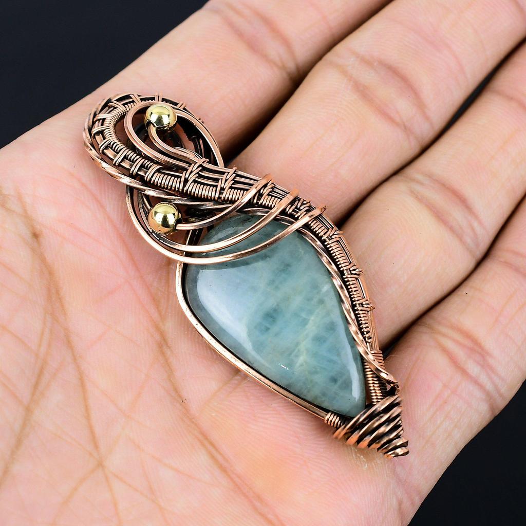 Wonderful Aquamarine Gemstone Handmade Pure Copper Wire Wrapped Pendant Jewelry