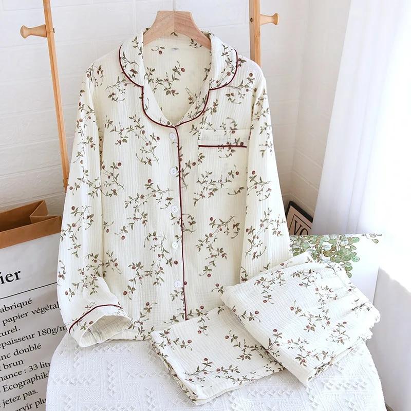 2026 Spring and Autumn Women's Pajama Set 100% Cotton Crepe Long Sleeved Pants Two Piece Cute and Sweet Home Fury Set Ladies