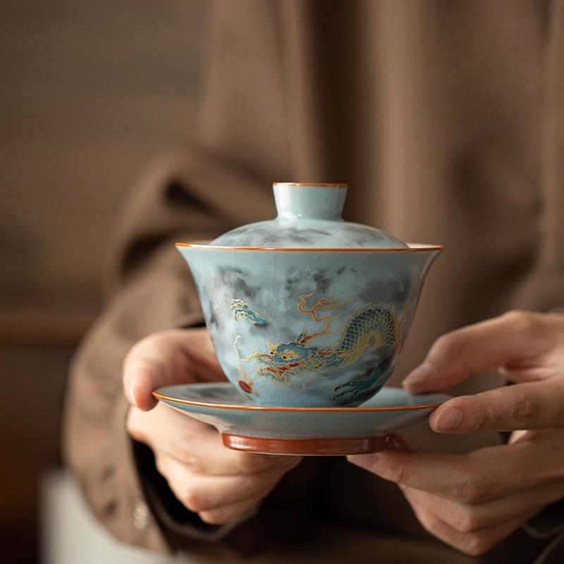 Professional Ru Kiln Ceramic Gaiwan Set with Crackle Glaze 3 Piece Chinese Teaware for Gongfu Tea Ceremony Home Use