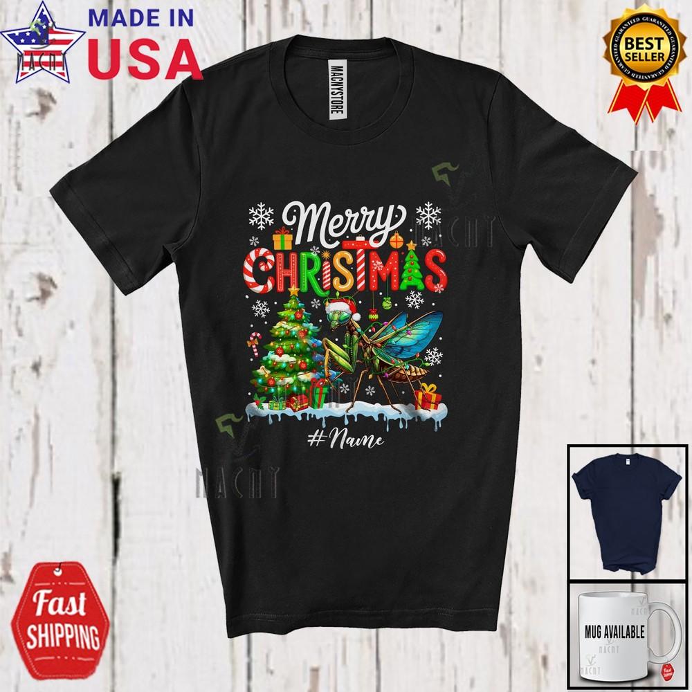 Custom Name Merry Christmas Lovely Santa Mantis Animal X-mas Lights Tree Shirt 2XL
