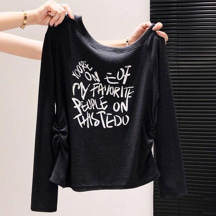 Women s Asymmetrical Off-Shoulder Letter Print Long Sleeve Top - Spring/Autumn 2025 M чёрный