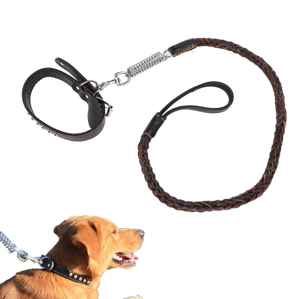 PU Leather Dog Collar Leash Set with Shock Absorbing Spring Braided Dog Training Leash for Medium an