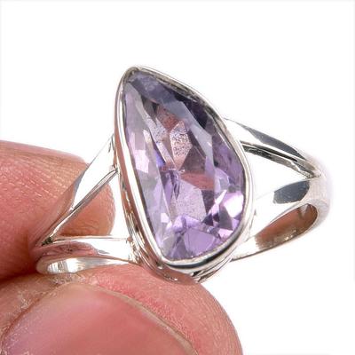 Anillo de Joyería Hecho a Mano de Plata de Ley Maciza 925 con Gema de Amatista Rosa Natural Talla S.7.5 N0D74