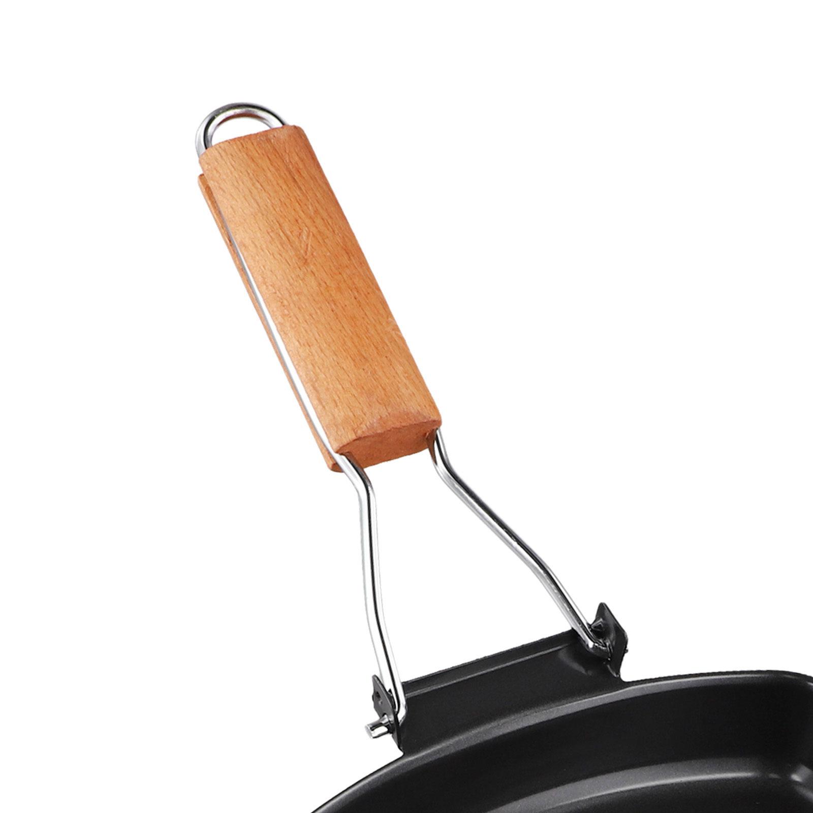 

1pc Frying Pan Foldable Grill Pan Steak Anti-scald Wooden Handle Portable 2 Mouth 20*41*3.5/24*45*3.5/28*45*3.8cm Kitchen Tools