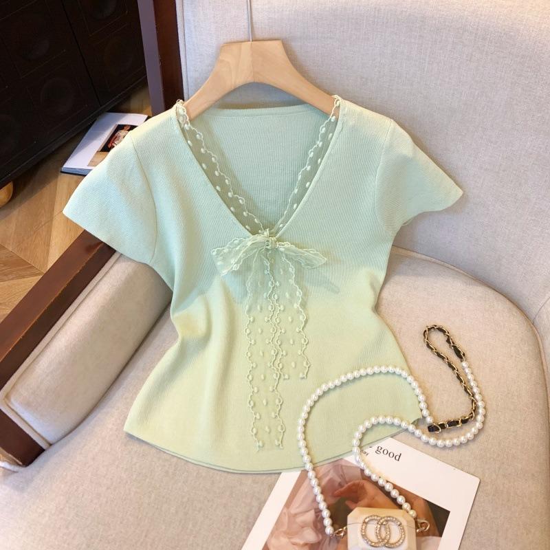 Real shot dopamine v-neck knitted short-sleeved t-shirt women's summer new lace bow short slim top