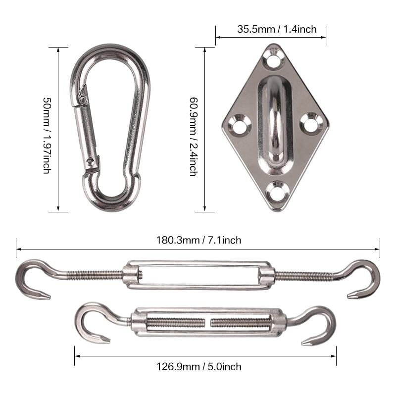 40pcs Sun Shade Sail Canopy Hardware Kit 304 Stainless Steel Turnbuckle Pad Eye Carabiner Clip Hook Screws Silver