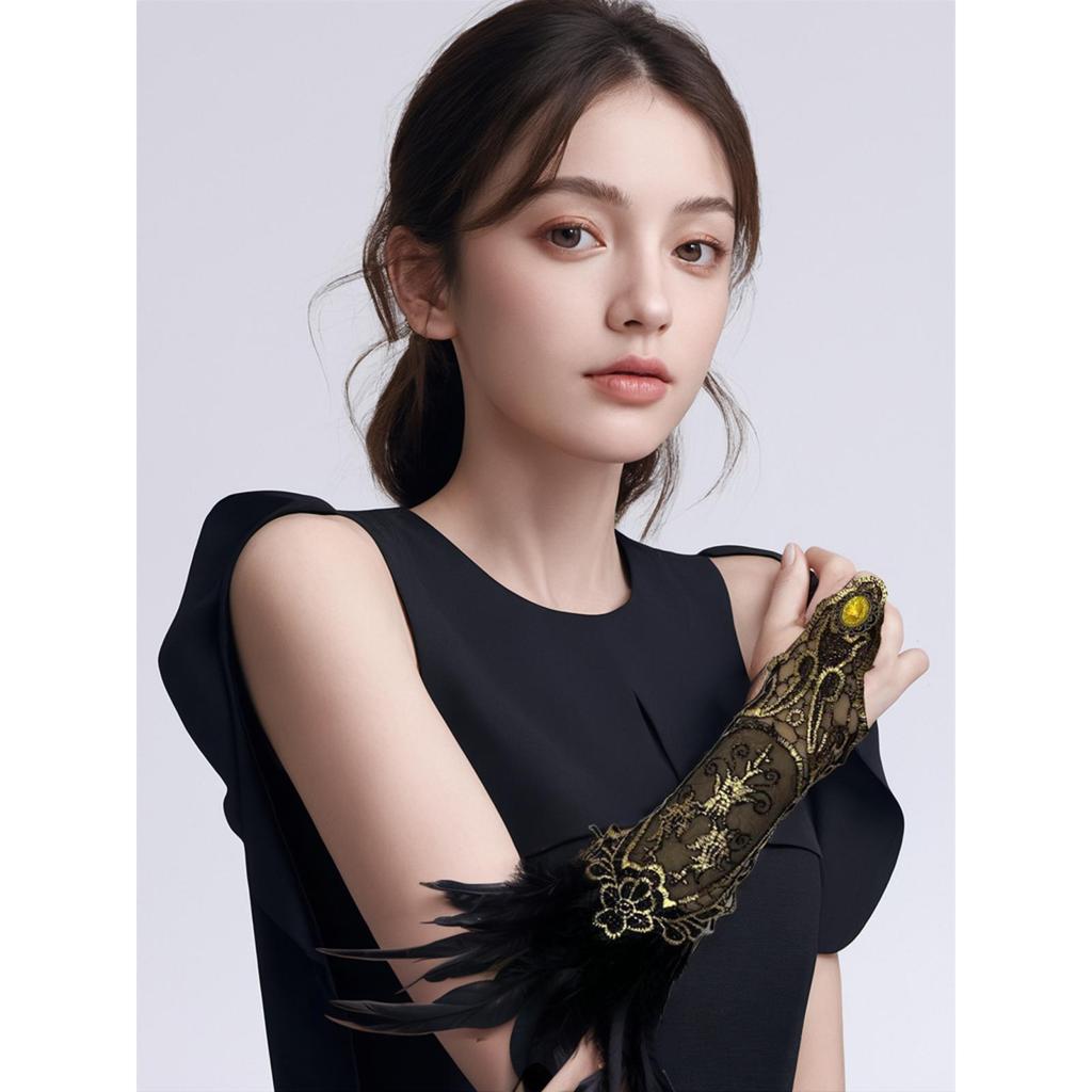 Feather Long Gloves Gothic Lace Wrist Cuffs Fancy Dress up Floral Masquerade Driving