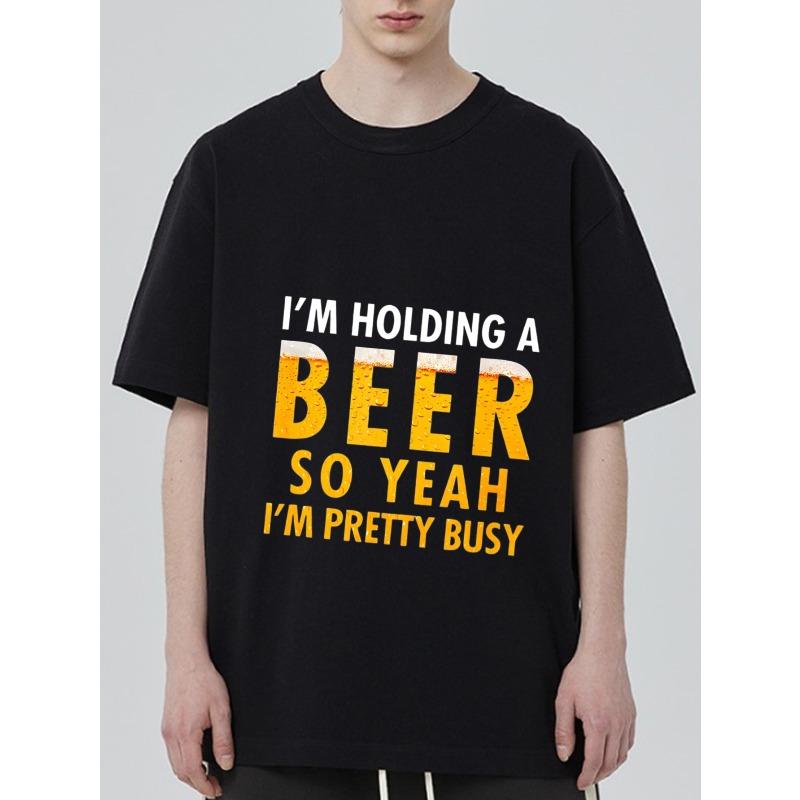 Black T Shirt with Beer Text Print for Casual Wear