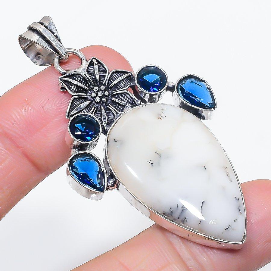 Natural Dendrite Opal, Topaz 925 Sterling Silver Jewelry Pendant 2.44" Q0j02