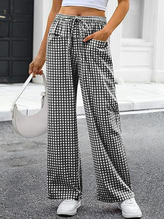 2026 Women's European & American Plaid Trousers - Spring/Summer Casual, Loose Fit, Elastic Waist, Wide Leg with Pockets