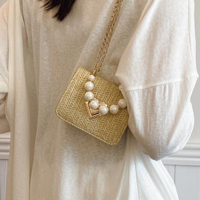 Bolsa de Corrente Tecida de Palha para Mulheres na Primavera e Verão Nova Bolsa Quadrada Retrô Estilo Pastoral Fivela de Bloqueio da Moda Bolsa Trançada
