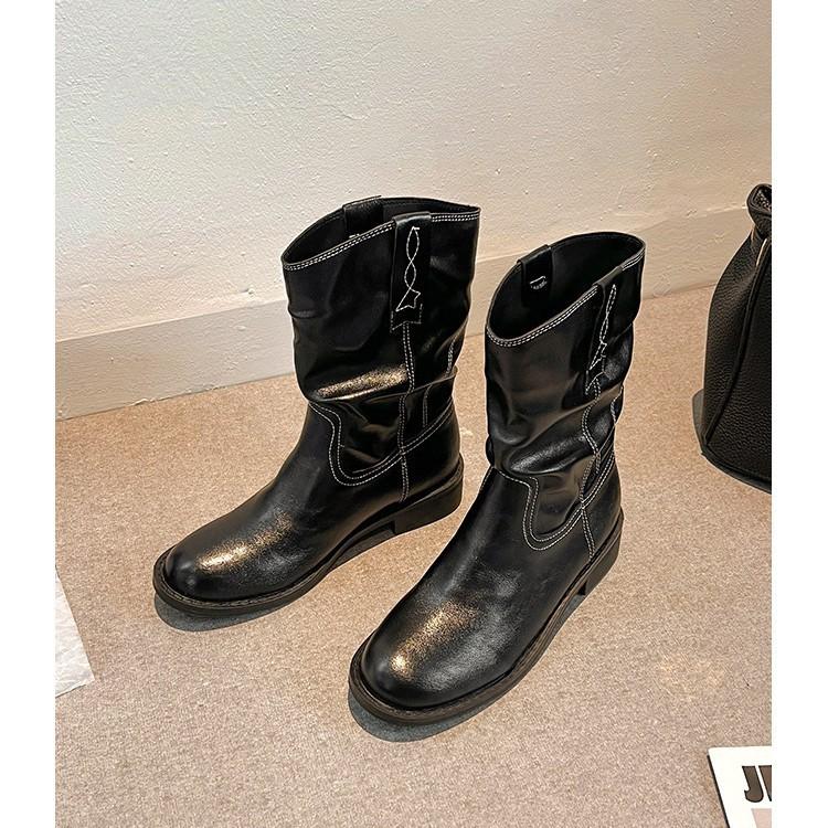 Vintage Round Head Thick-soled Thick-heeled Locomotive Boots Western Cowboy Boots Women's 2025 Autumn and Winter Simple Spice Girl Sleeve Martin Boots