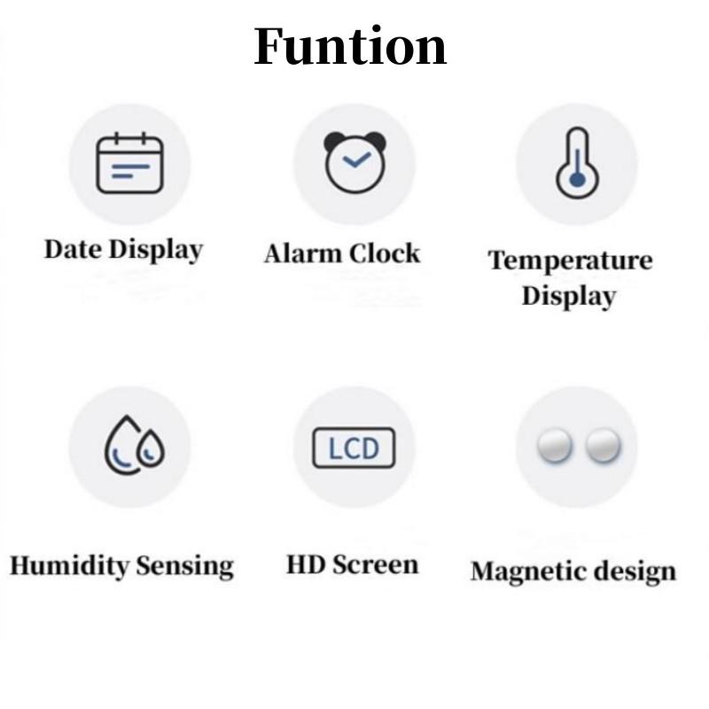 Mini Digital Alarm Clock Temperature Humidity Hourly Beep Magnetic Sucked Table Clock 12/24H Battery Powered LCD Wall Clock