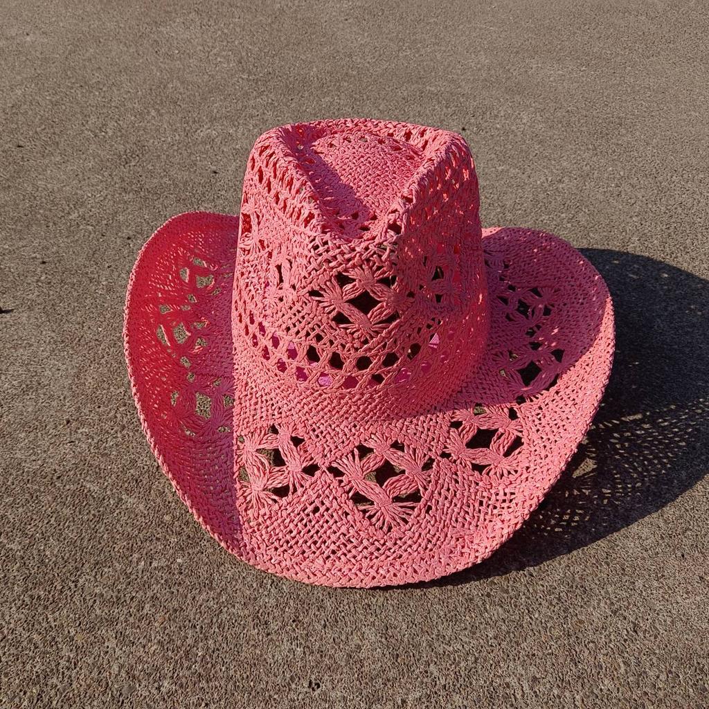 Hand Woven Panama Straw Cowboy Hat Bohemian Beach Sun Hat UV Protection Windproof Cowboy Straw Hat