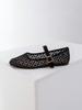 Women's Black Square Toe Ballet Mary Jane Flats with Cross Pattern Embroidery Detail and Black Buckle Strap