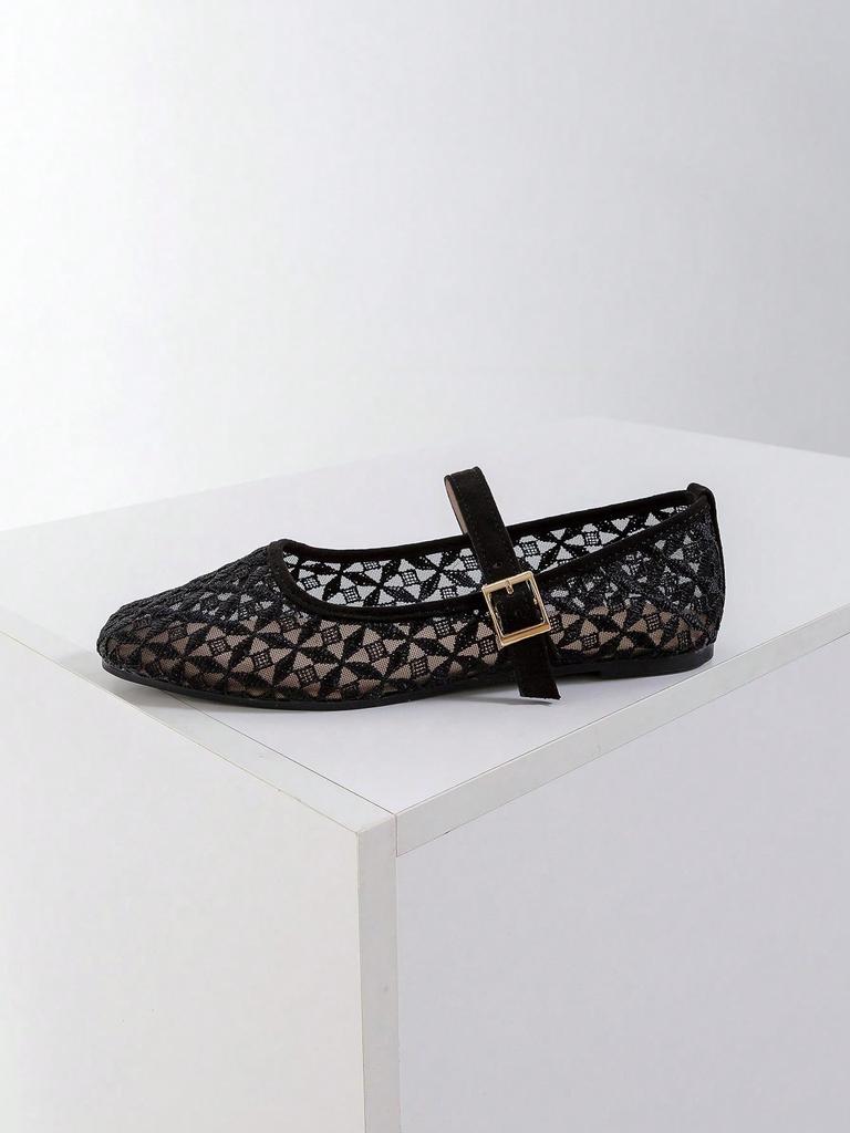 Women's Black Square Toe Ballet Mary Jane Flats with Cross Pattern Embroidery Detail and Black Buckle Strap