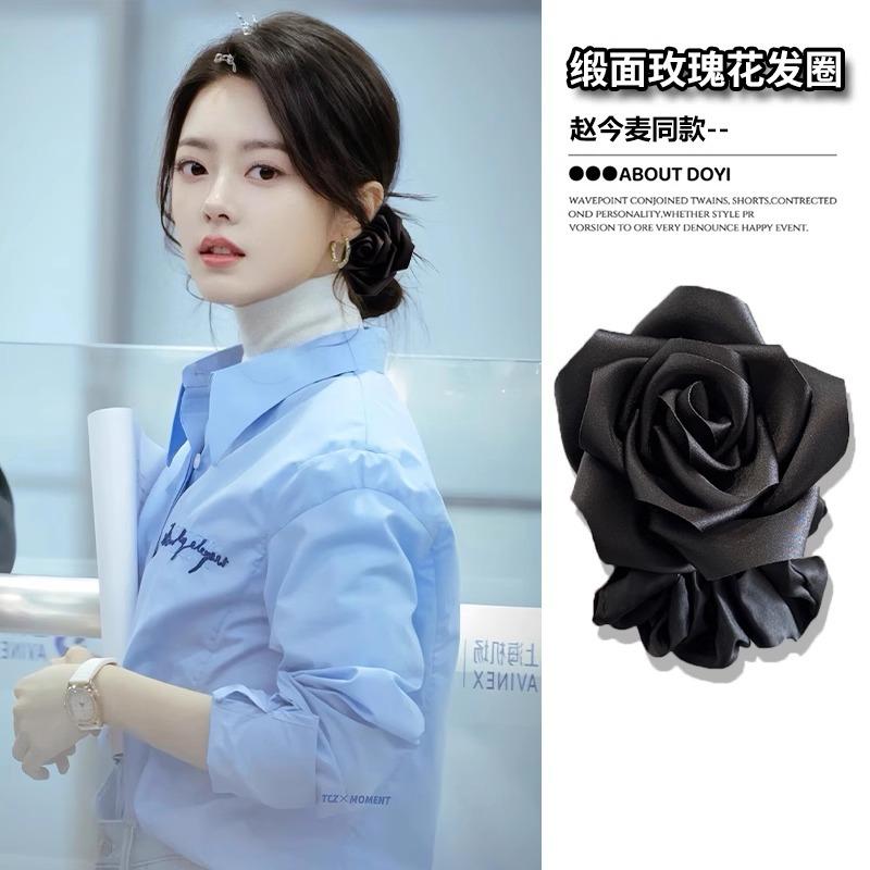 

Zhang Ruonan s Red Rose Large Intestine Hairband Women s French Atmosphere Flower Hair Rope Tie Ponytail Leather Band Accessories