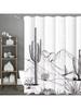 Line Art Desert Cactus Shower Curtain, Bathroom Decorative Shower Curtain, Waterproof Shower Curtain with Hooks