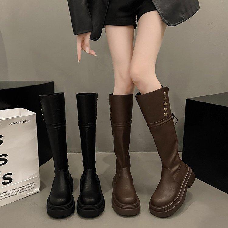 Retro Brown American Thick Heel Thick-soled Boots Women's 2025 Autumn New Popular Heightened and Thin Knight Boots