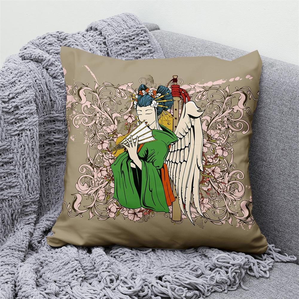 Lucky Cat Japanese Style Sofa Bed Decorative Pillow Cover Home Decor Mount Fuji  Art Cushion