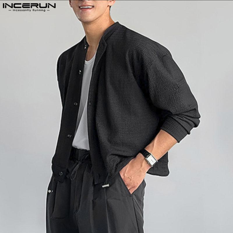 INCERUN Oversized Men Long Sleeve Hollow Webbing Casual Loose Cropped Tops Shirts