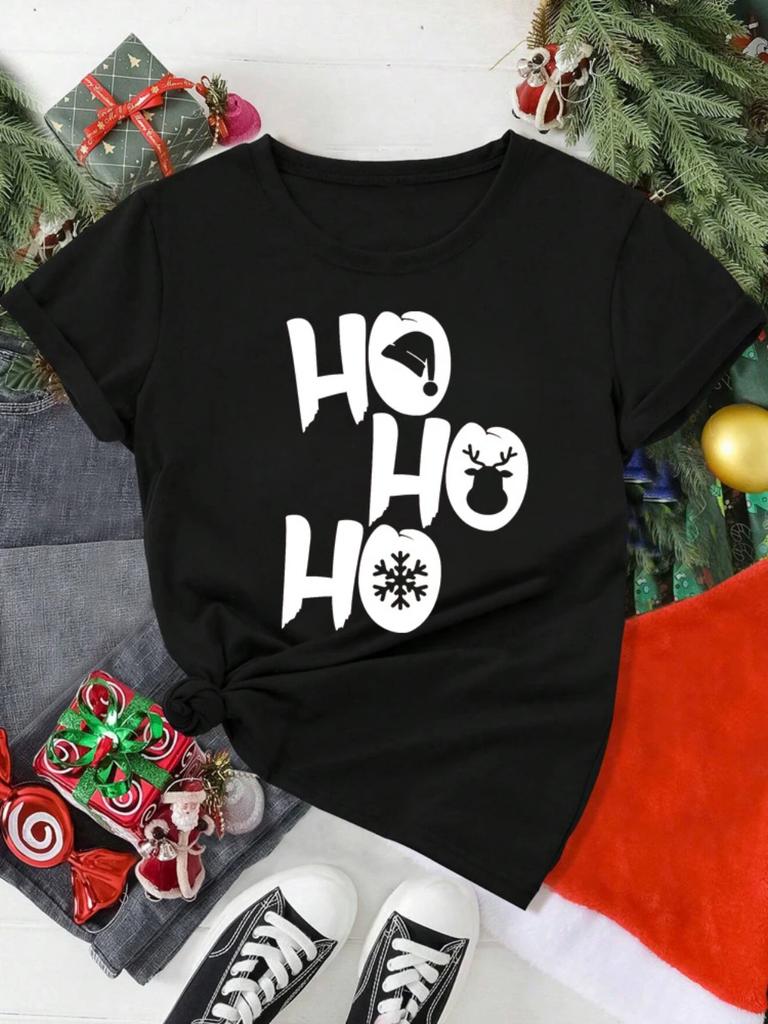 HO HO HO Christmas Hat Pattern Tshirt Loose Breathable Holiday Activities Shortsleeved Tshirt Unisex Women Unisex Casual Tops