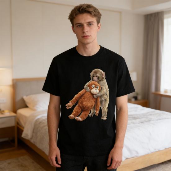 Monkey Punch T-Shirt Kurzarm Lässiges T-Shirt Niedriger Rundhalsausschnitt Affe Orang-Utan Muster T-Shirt
