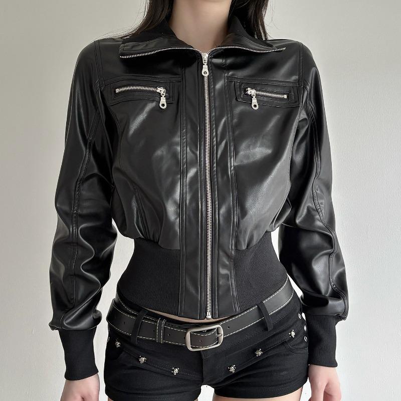 Damen Kunstlederjacken Gothic Amerikanische Vintage Mäntel Damen Stehkragen Schlank Streetwear Harajuku Kurze Jacke Reißverschluss Oberteile