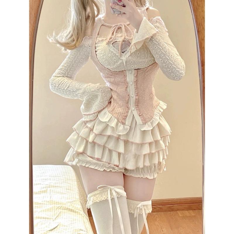 Kawaii Clothing Knitted Three Piece Tutu Skirts Sets Y2k Blouse Mini Skirts Lolita Suit Fashion Outfits