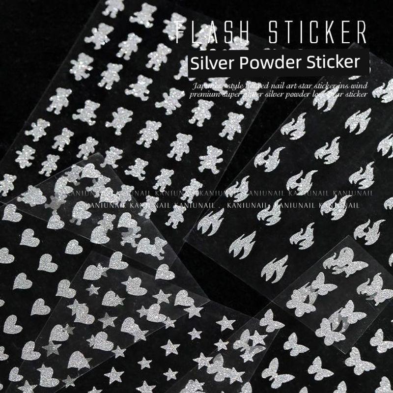 

New Arrival Sparkle Silver Nail Art Sticker XINGX Adhesive Asterism Flame Bear Heart Butterfly Net Red Best Selling Nail Sticker A set of 6 Flash Silver