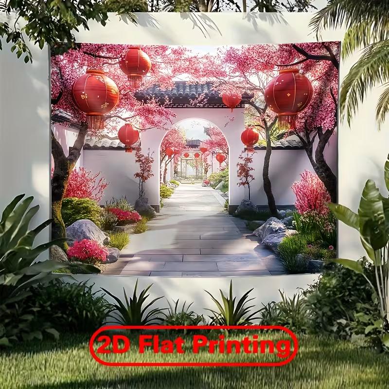 2D Feder Kirschblüten Zaunwand, Wasserdichte Chinesische Hofkulisse für Hof Terrasse Garten Dekoration