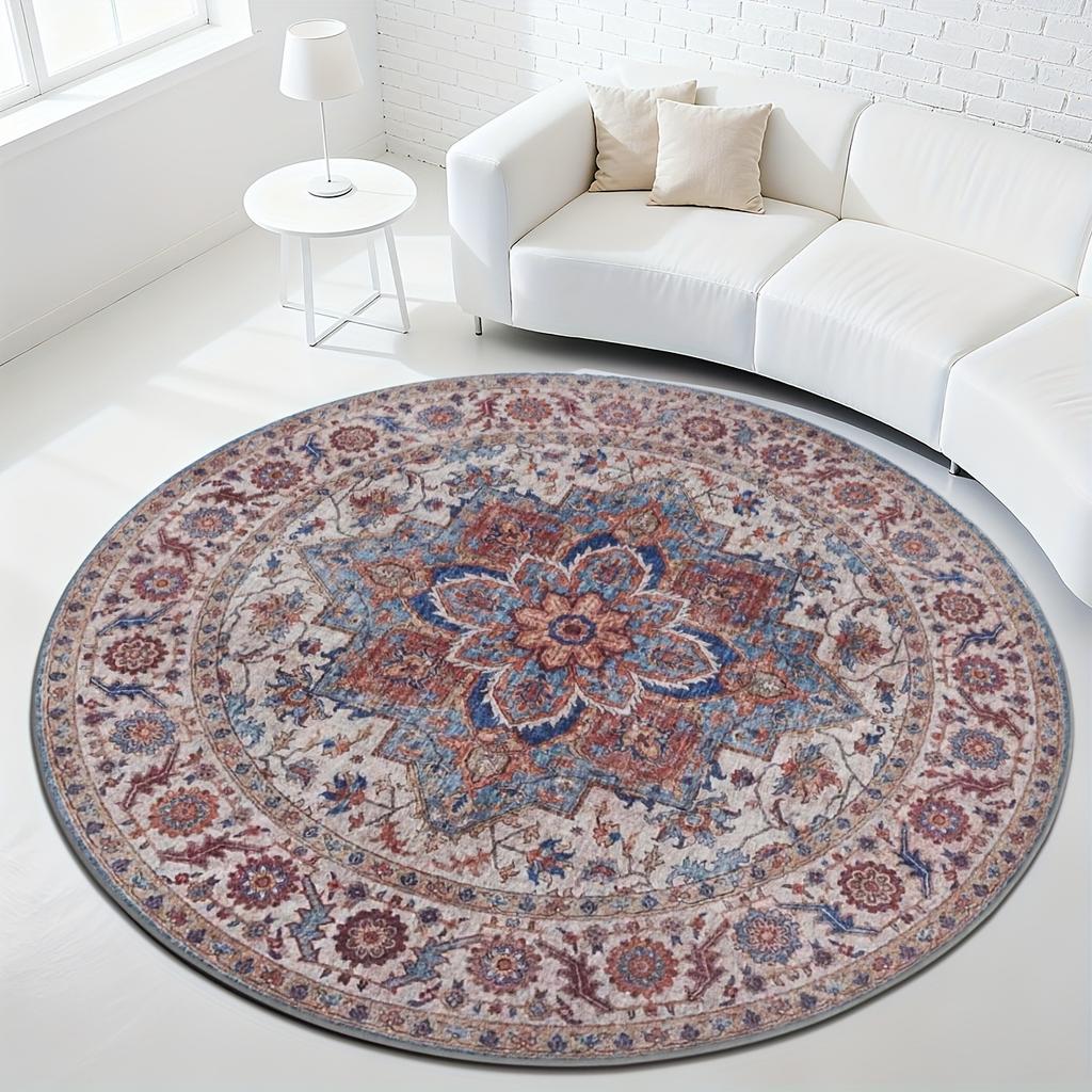 Vintage Emerald Green Floral Round Rug 2D Printed Bohemian Style For Garden Cafe Entryway Decor