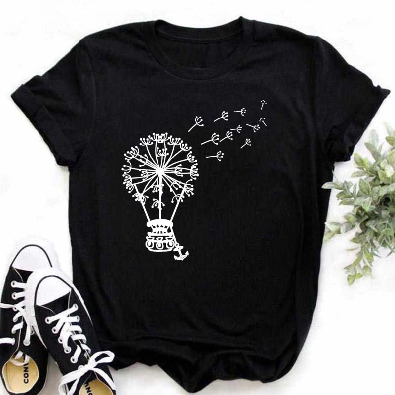 Tricou cu imprimeu păpădie pentru femei de vară Cămăși pentru femei de mărime mare ocazional Tricou cu mânecă scurtă Top negru Tricou cu gât în ​​formă de O