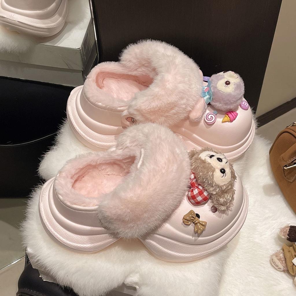 Thick-bottomed velvet comfortable warm slippers women's 2025 autumn and winter new cute cartoon bag head cotton slippers women's outer wear