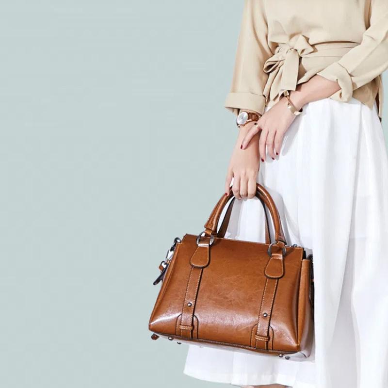 Genuine Leather Women Shoulder Cross Body Handbag Top Handle Bag Casual Designer Female Oil Wax Cowhide Messenger Tote Bag