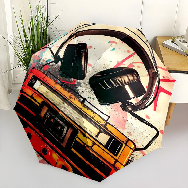 1pc Headphones, Boombox Automatic Folding Umbrella - Compact 8-Rib Design, Durable Plastic & Iron, Lightweight for Outdoor Daily Use086