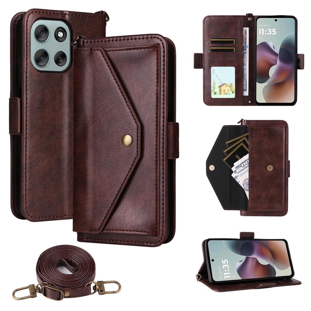 For Motorola Moto G56 5G Leather Case Magnetic Closure Wallet Stand Phone Cover with Crossbody Strap