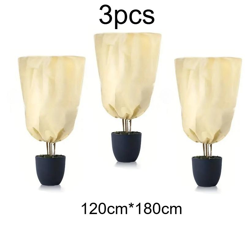 3pcs Beige Plant Frost Protection Covers,Zipper Drawstring Winter Warming Shields for Greenery and Vegetables - Durable Garden
