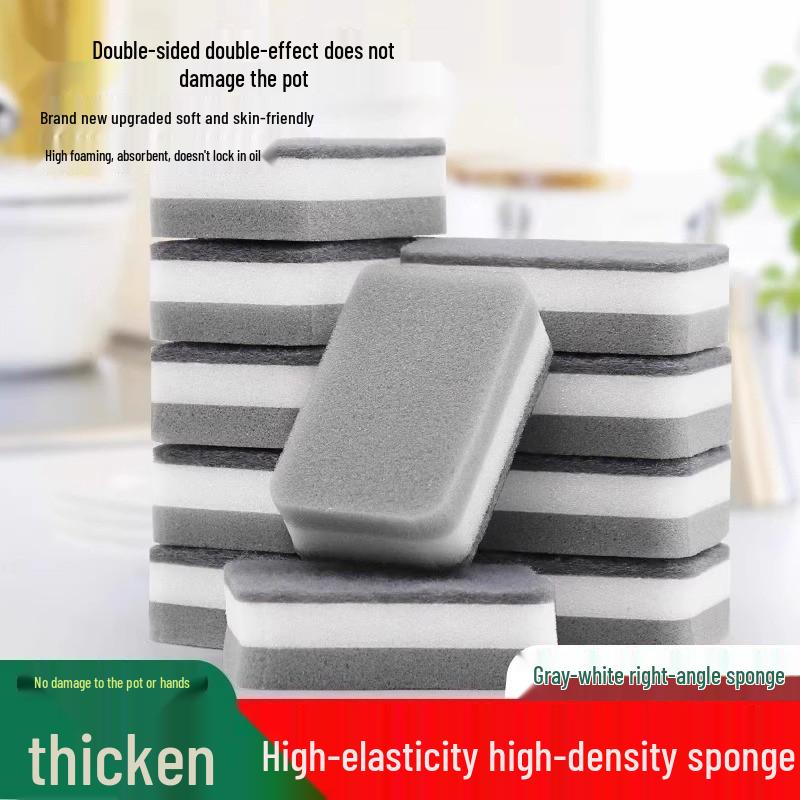 Grey Double-Sided Sponge Scourer for Kitchen & Dishwashing: Three-Layer Pot Scrubber